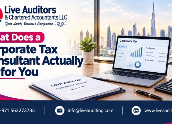 Live Auditors corporate tax consultant in Dubai banner featuring tax advisory services, corporate tax reports, Dubai skyline, and contact details.