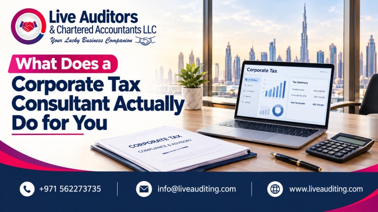 Live Auditors corporate tax consultant in Dubai banner featuring tax advisory services, corporate tax reports, Dubai skyline, and contact details.