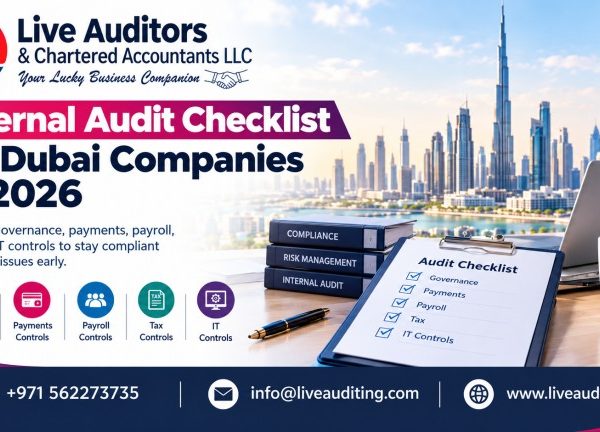 Internal Audit Checklist for Dubai Companies in 2026 featuring governance, payments, payroll, tax and IT controls, with Live Auditors contact details.