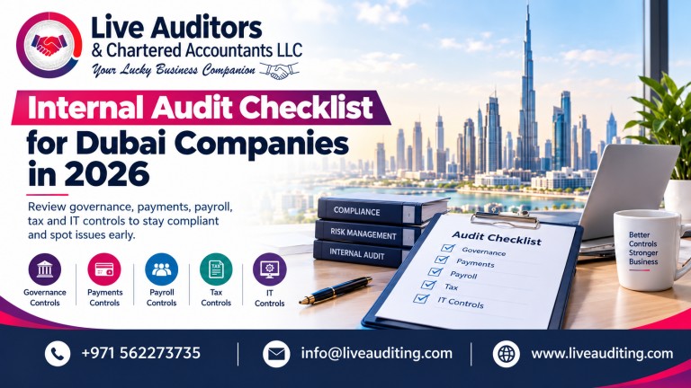 Internal Audit Checklist for Dubai Companies in 2026 featuring governance, payments, payroll, tax and IT controls, with Live Auditors contact details.