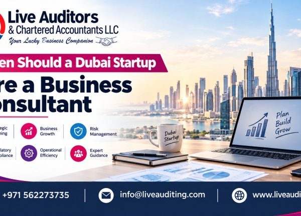 Live Auditors banner for “When Should a Dubai Startup Hire a Business Consultant,” featuring the Dubai skyline, business strategy workspace, and contact details.