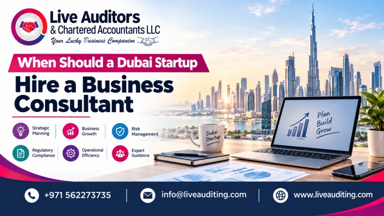 Live Auditors banner for “When Should a Dubai Startup Hire a Business Consultant,” featuring the Dubai skyline, business strategy workspace, and contact details.