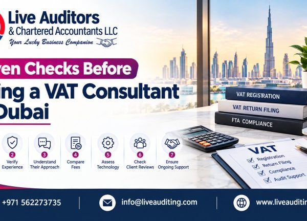 Promotional banner for Live Auditors & Chartered Accountants LLC highlighting seven checks before hiring a VAT consultant in Dubai, featuring the Dubai skyline, UAE flag, VAT documents, and company contact details.