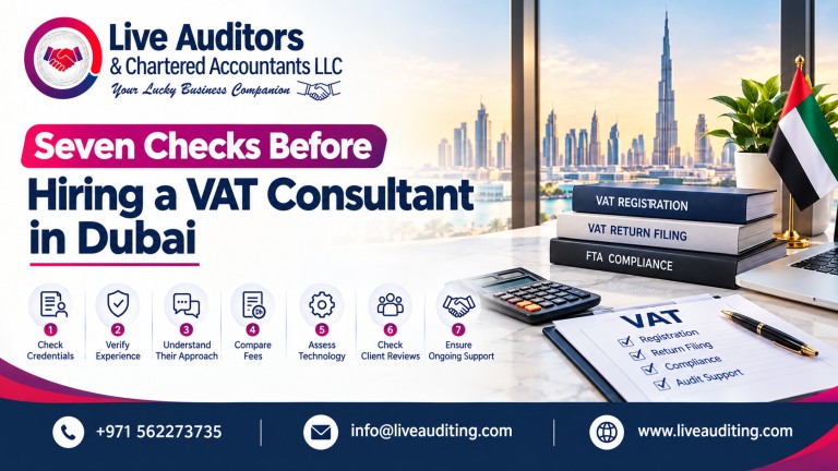 Promotional banner for Live Auditors & Chartered Accountants LLC highlighting seven checks before hiring a VAT consultant in Dubai, featuring the Dubai skyline, UAE flag, VAT documents, and company contact details.