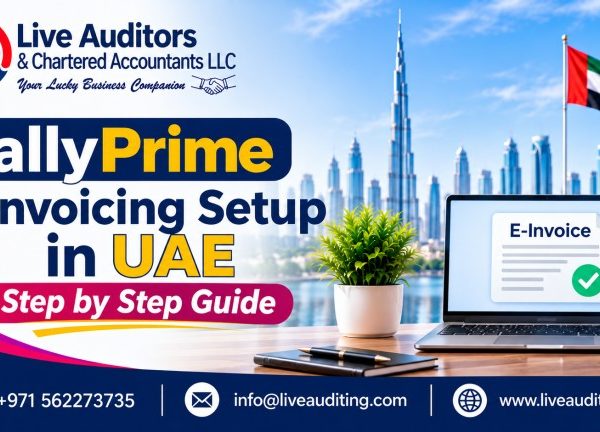 Live Auditors TallyPrime e-invoicing setup in UAE step-by-step guide with Dubai skyline, laptop displaying an e-invoice, and UAE flag.