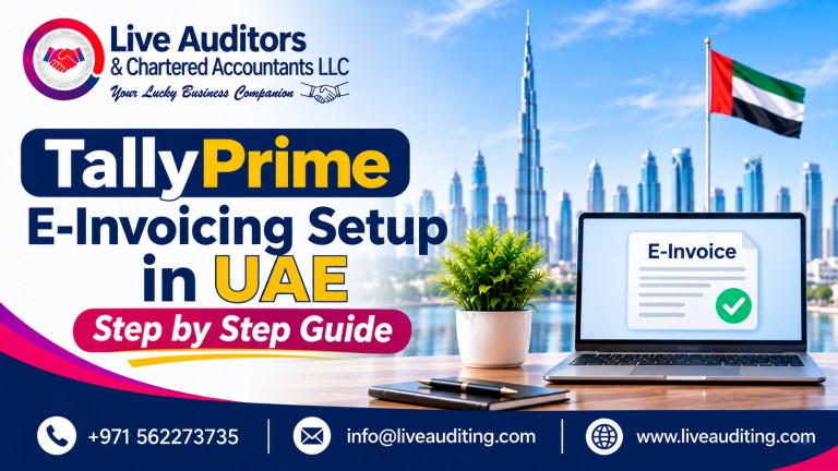 Live Auditors TallyPrime e-invoicing setup in UAE step-by-step guide with Dubai skyline, laptop displaying an e-invoice, and UAE flag.