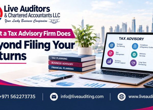 Corporate tax advisory banner featuring a Dubai skyline, laptop displaying tax planning services, financial reports, and Live Auditors branding with contact details.