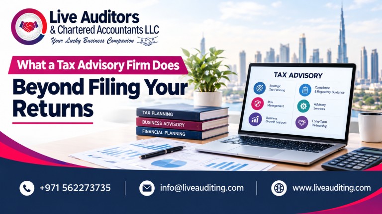 Corporate tax advisory banner featuring a Dubai skyline, laptop displaying tax planning services, financial reports, and Live Auditors branding with contact details.