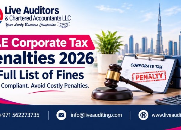 UAE corporate tax penalties 2026 banner featuring Live Auditors & Chartered Accountants LLC, Dubai skyline, corporate tax penalty document, gavel, calculator, and compliance files, with contact number, email, and website in the footer.