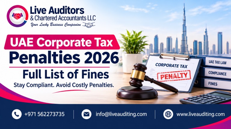 UAE corporate tax penalties 2026 banner featuring Live Auditors & Chartered Accountants LLC, Dubai skyline, corporate tax penalty document, gavel, calculator, and compliance files, with contact number, email, and website in the footer.