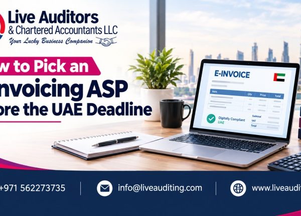 Blog banner for Live Auditors titled “How to Pick an E-Invoicing ASP Before the UAE Deadline,” featuring a Dubai skyline, laptop displaying an e-invoice, and contact details for UAE e-invoicing services.