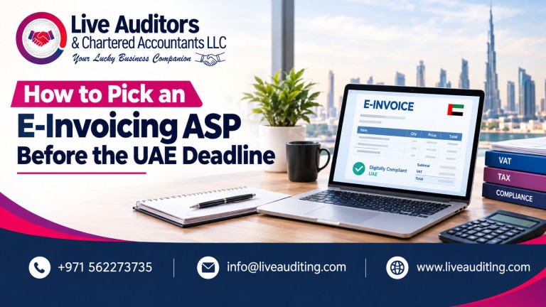 Blog banner for Live Auditors titled “How to Pick an E-Invoicing ASP Before the UAE Deadline,” featuring a Dubai skyline, laptop displaying an e-invoice, and contact details for UAE e-invoicing services.