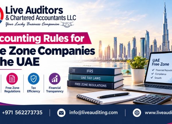 Accounting Rules for Free Zone Companies in the UAE banner featuring Live Auditors & Chartered Accountants LLC branding, Dubai skyline, financial reporting documents, IFRS and UAE tax law books, laptop, and accounting icons in navy blue, magenta, and purple, with contact number +971 562273735, email info@liveauditing.com, and website www.liveauditing.com.