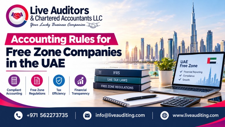 Accounting Rules for Free Zone Companies in the UAE banner featuring Live Auditors & Chartered Accountants LLC branding, Dubai skyline, financial reporting documents, IFRS and UAE tax law books, laptop, and accounting icons in navy blue, magenta, and purple, with contact number +971 562273735, email info@liveauditing.com, and website www.liveauditing.com.