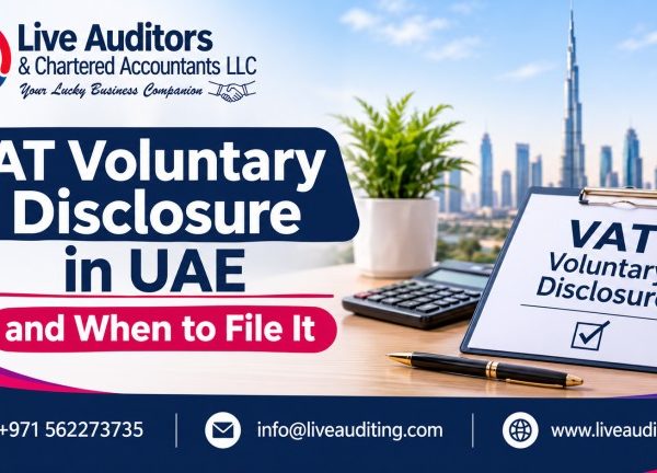 VAT voluntary disclosure in UAE banner featuring Live Auditors & Chartered Accountants LLC, Dubai skyline and Burj Khalifa, VAT disclosure checklist, and contact details +971 562273735, info\@liveauditing.com, and www\.liveauditing.com.