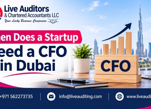 Live Auditors banner featuring a startup CFO in Dubai, financial growth charts, and the Burj Khalifa, with contact details and corporate finance branding.
