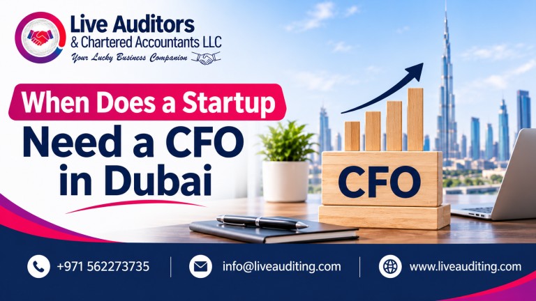 Live Auditors banner featuring a startup CFO in Dubai, financial growth charts, and the Burj Khalifa, with contact details and corporate finance branding.